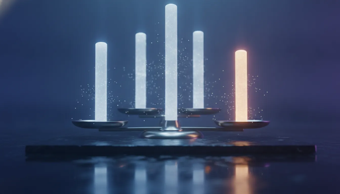 Several glowing agency markers compared on a balanced scale of light