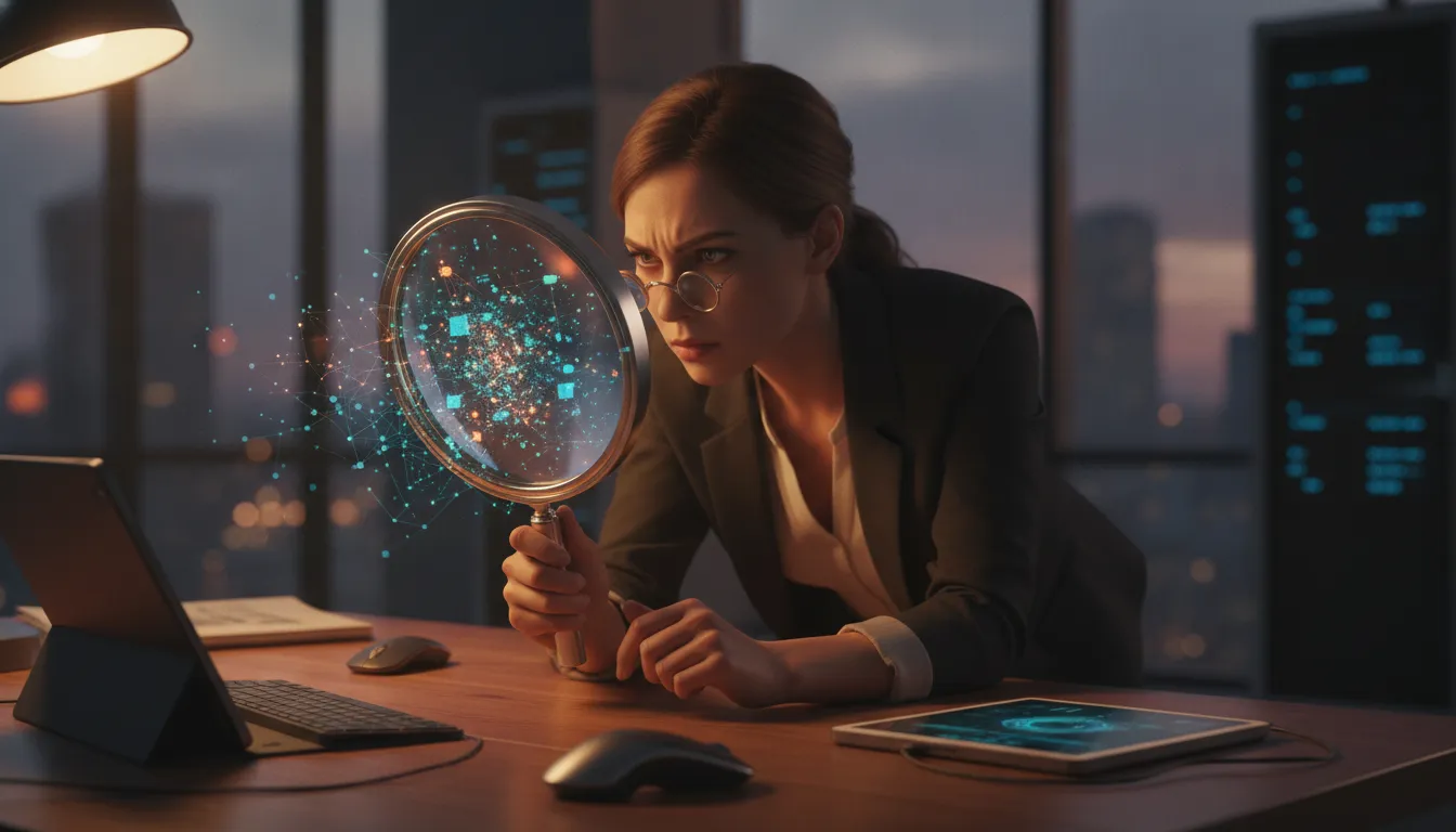 An analyst vetting agencies through a glowing magnifier
