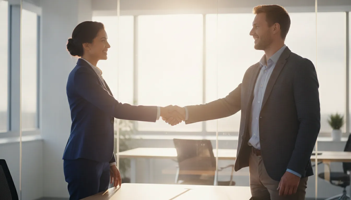 Two professionals shaking hands to start a growth partnership