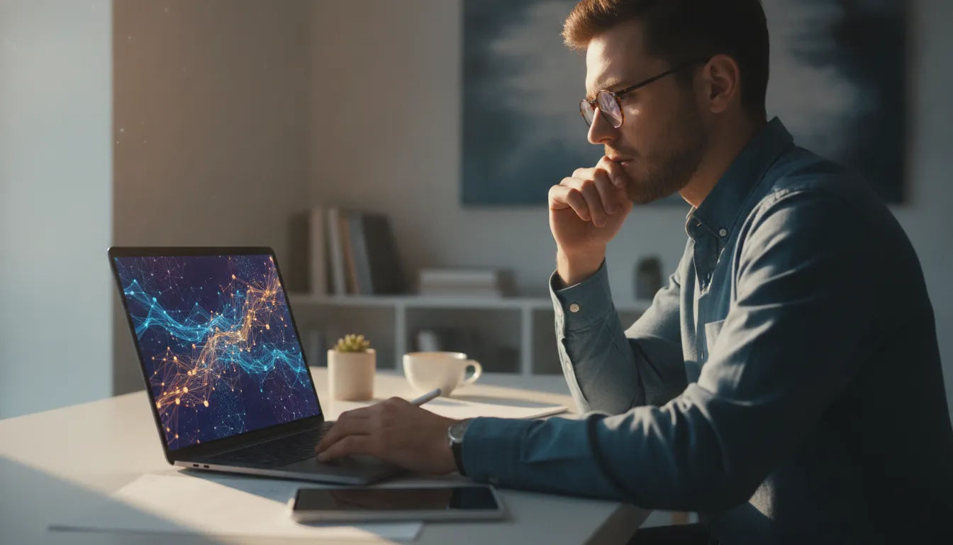 A marketer working with an AI assistant on a laptop