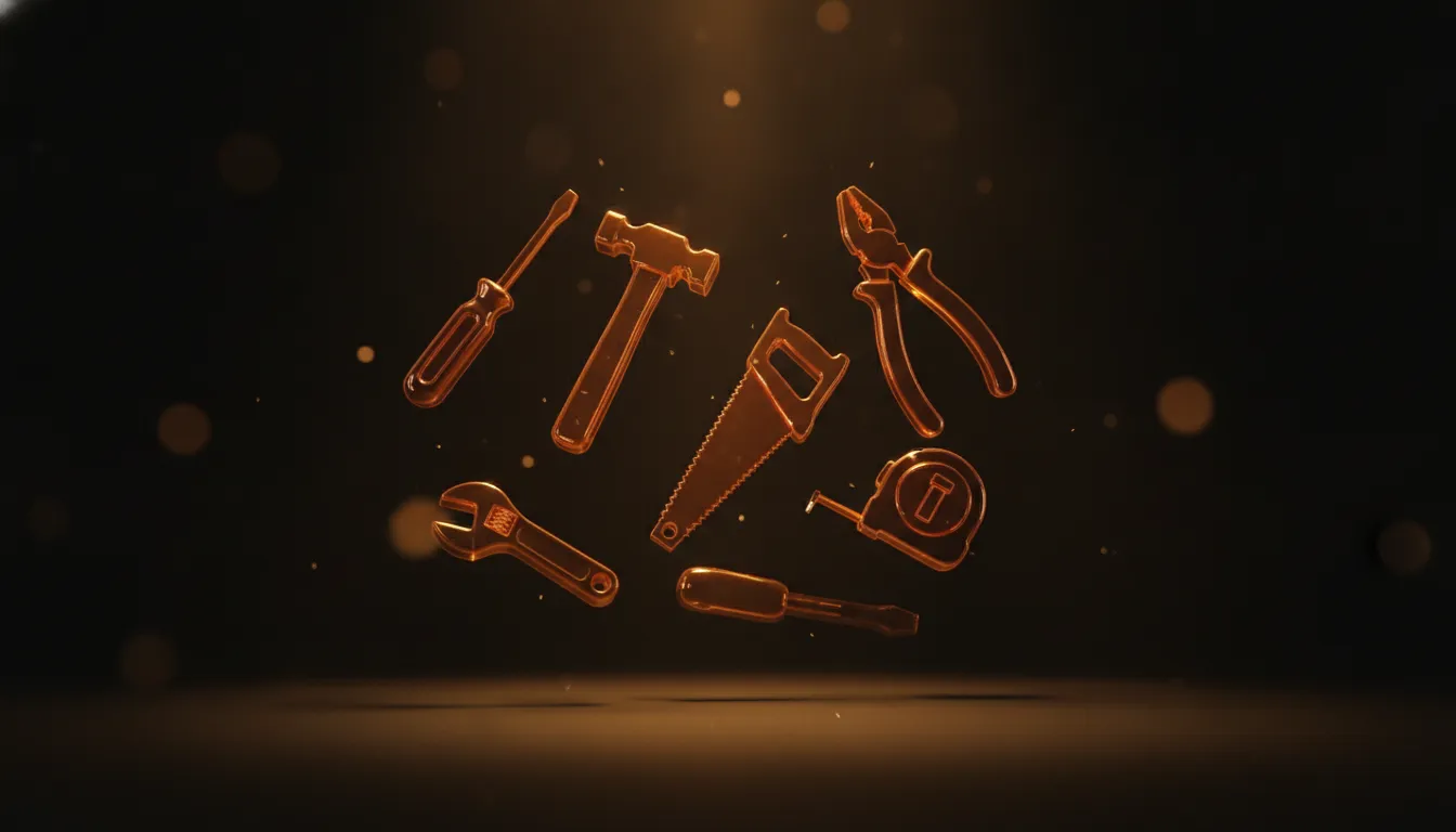 An array of glowing tool icons floating in a dark toolbox of light