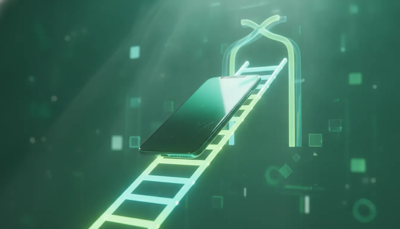 A smartphone rising up a glowing ranking ladder in the app store