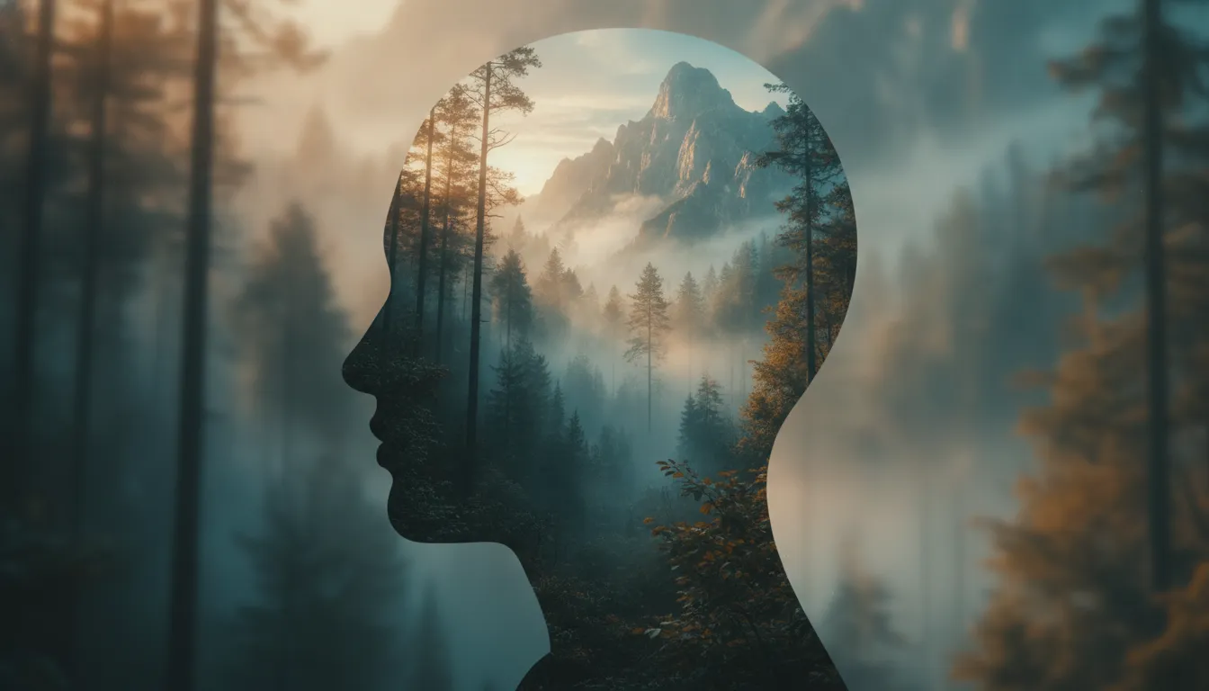 A double exposure of a portrait silhouette filled with a forest landscape