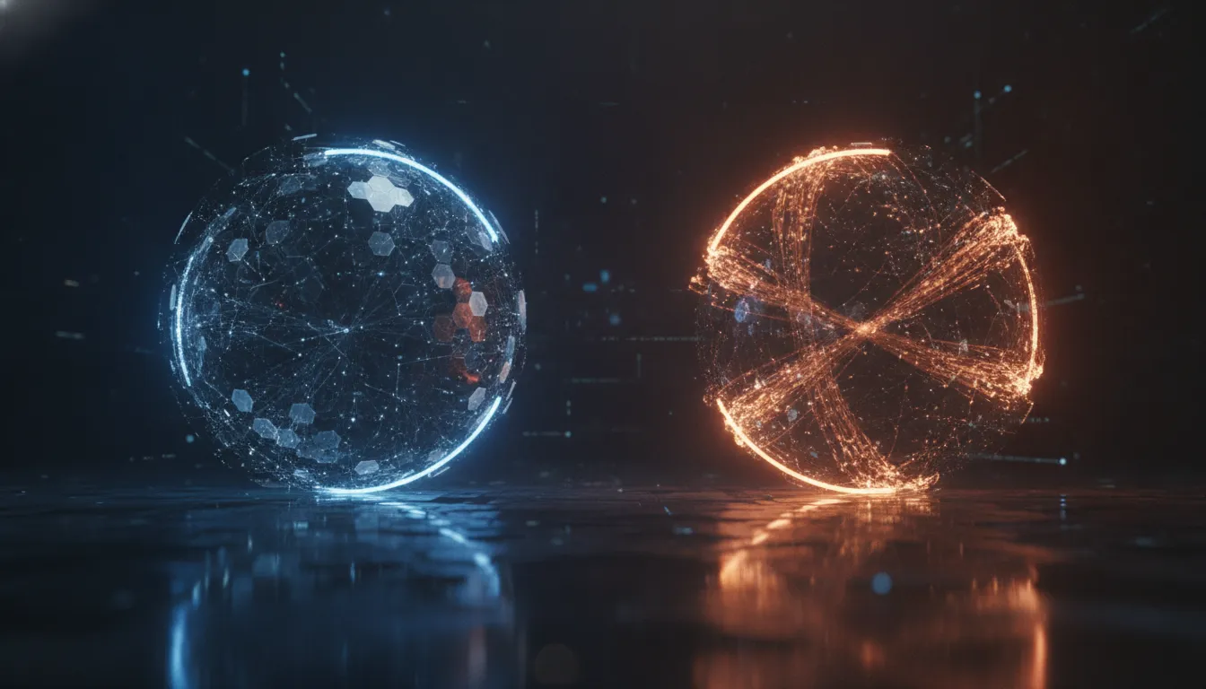 Two glowing data spheres facing off in comparison