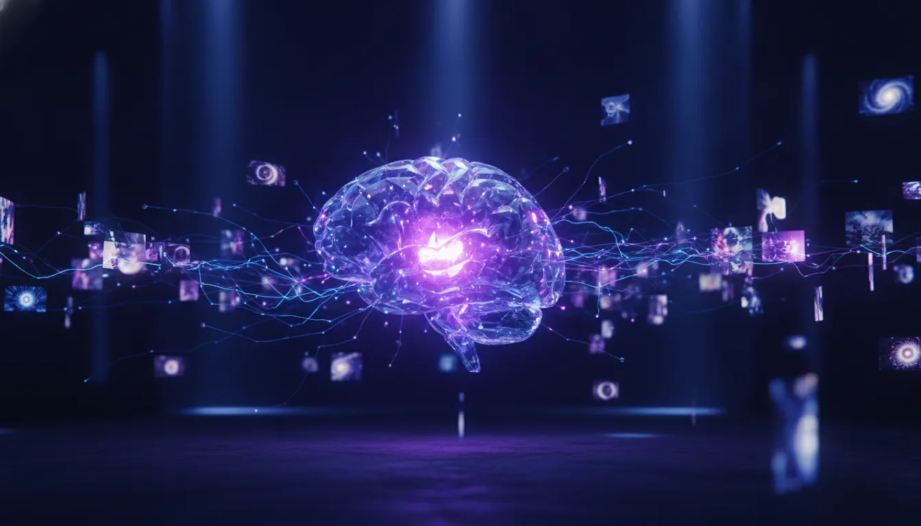 A glowing crystalline AI mind processing imagery