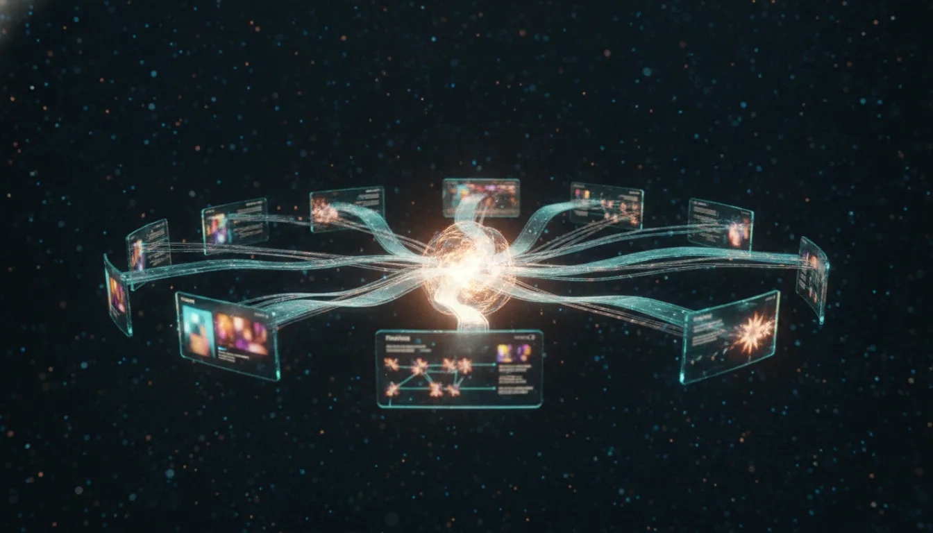 A constellation of content sources feeding into an AI answer
