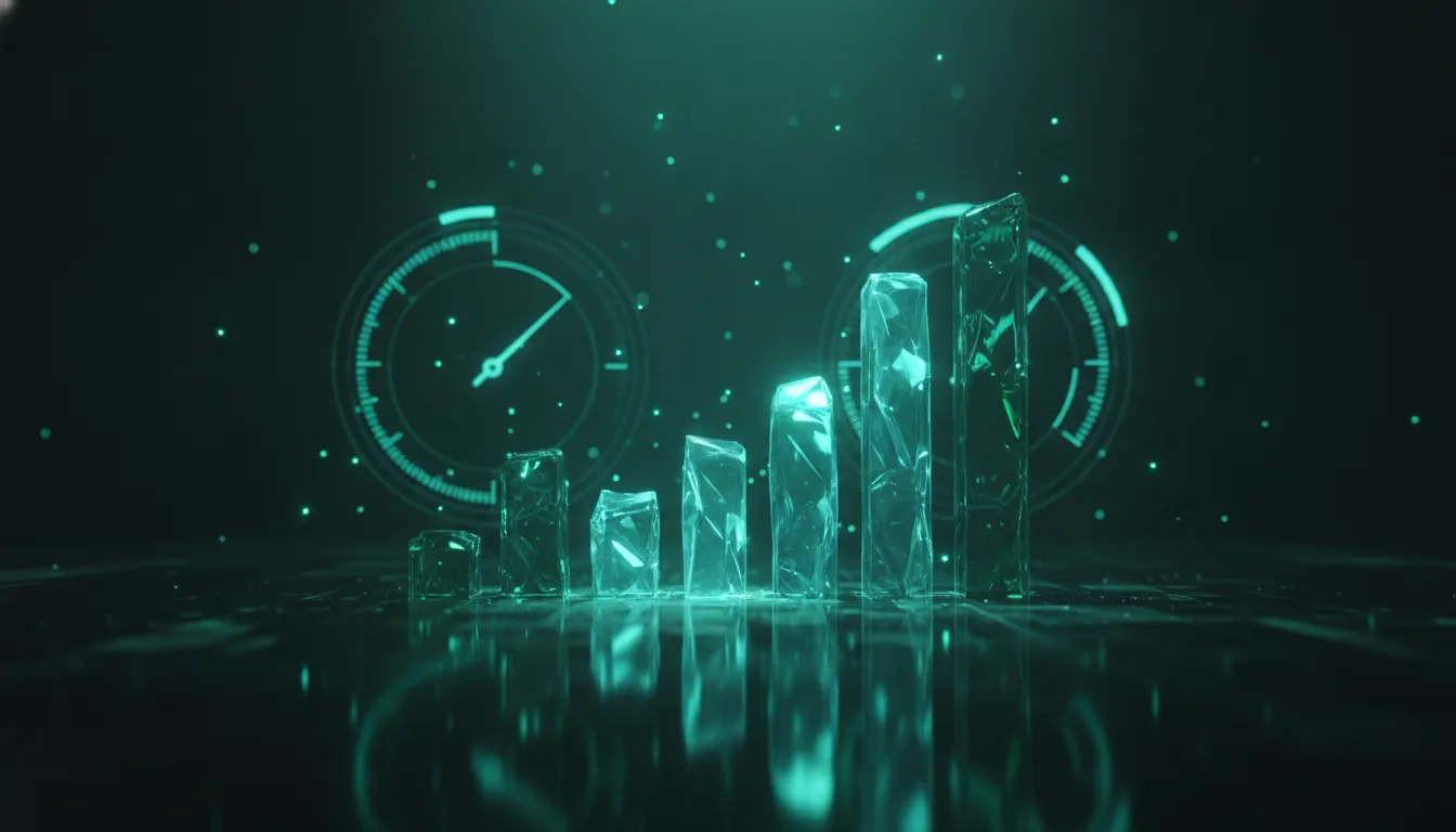 Glowing benchmark bar charts comparing app performance