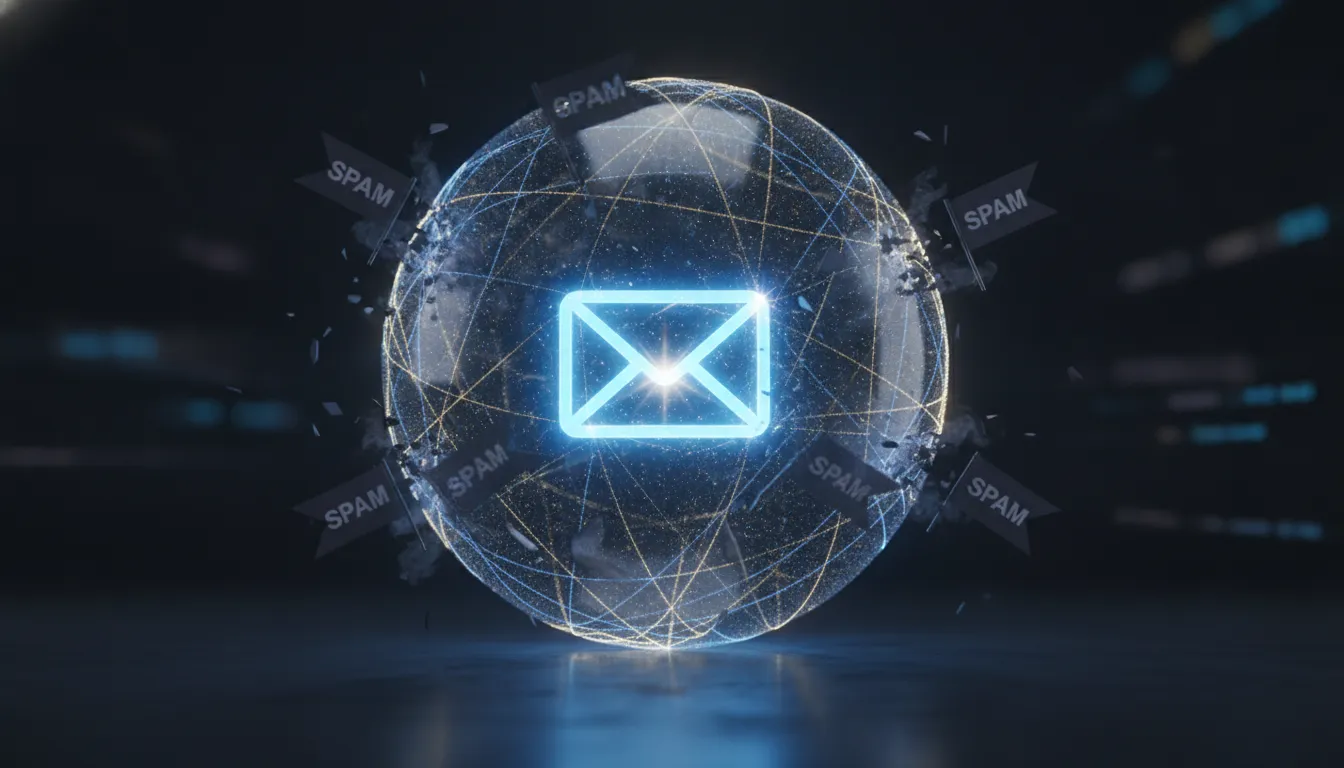 A glowing shield protecting a sender domain from spam flags