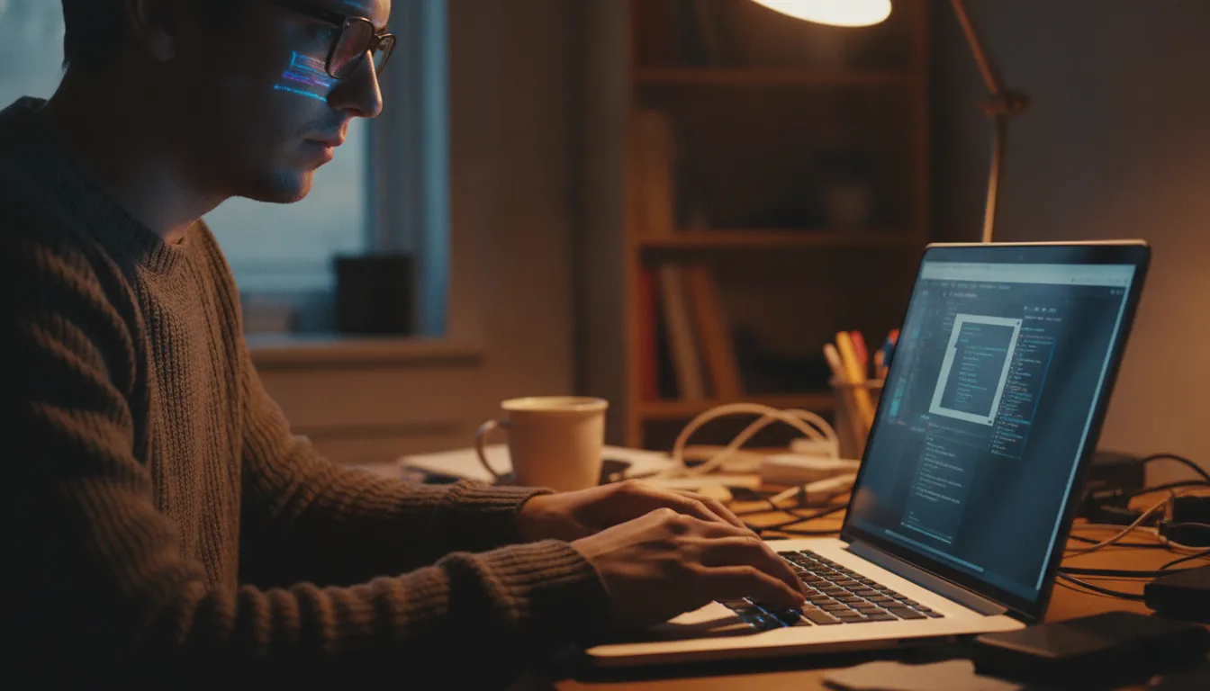 A developer fixing a website on a laptop, focused