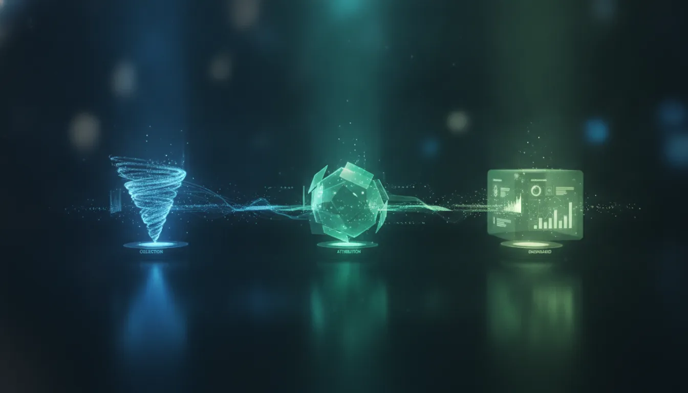 Data collection flowing through attribution into dashboards