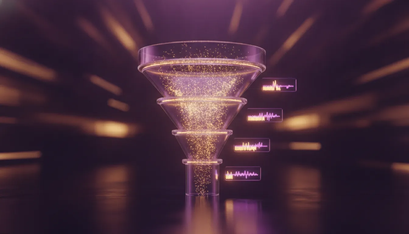 A four-stage glowing subscription funnel being measured by gauges