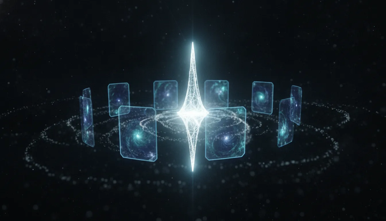 Glowing feature panels orbiting a data tower